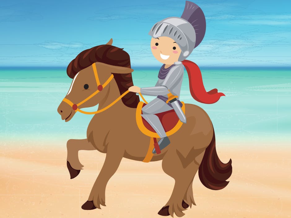 illustration of a person in amour, riding a horse on a beach