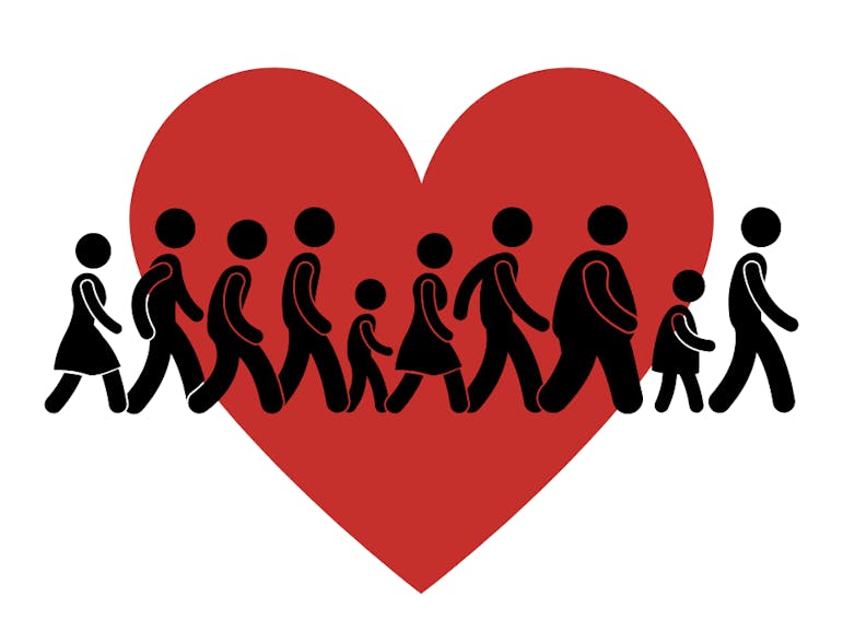 Heartsmart Walks A red heart in the background with the outline of a varirty of people walking in front of it