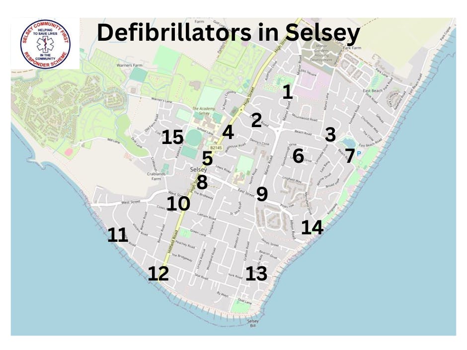 Map showing the location of public defibrillators in Selsey
