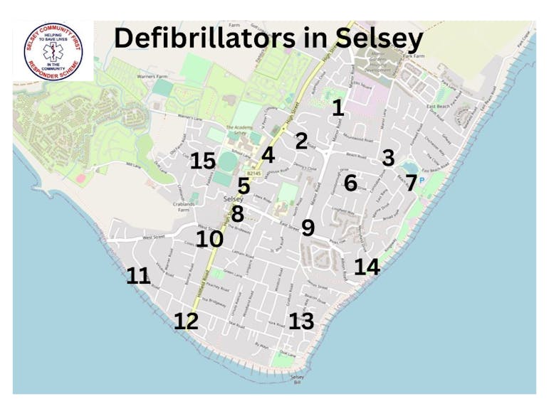Defibrillators in Selsey Map showing the location of public defibrillators in Selsey