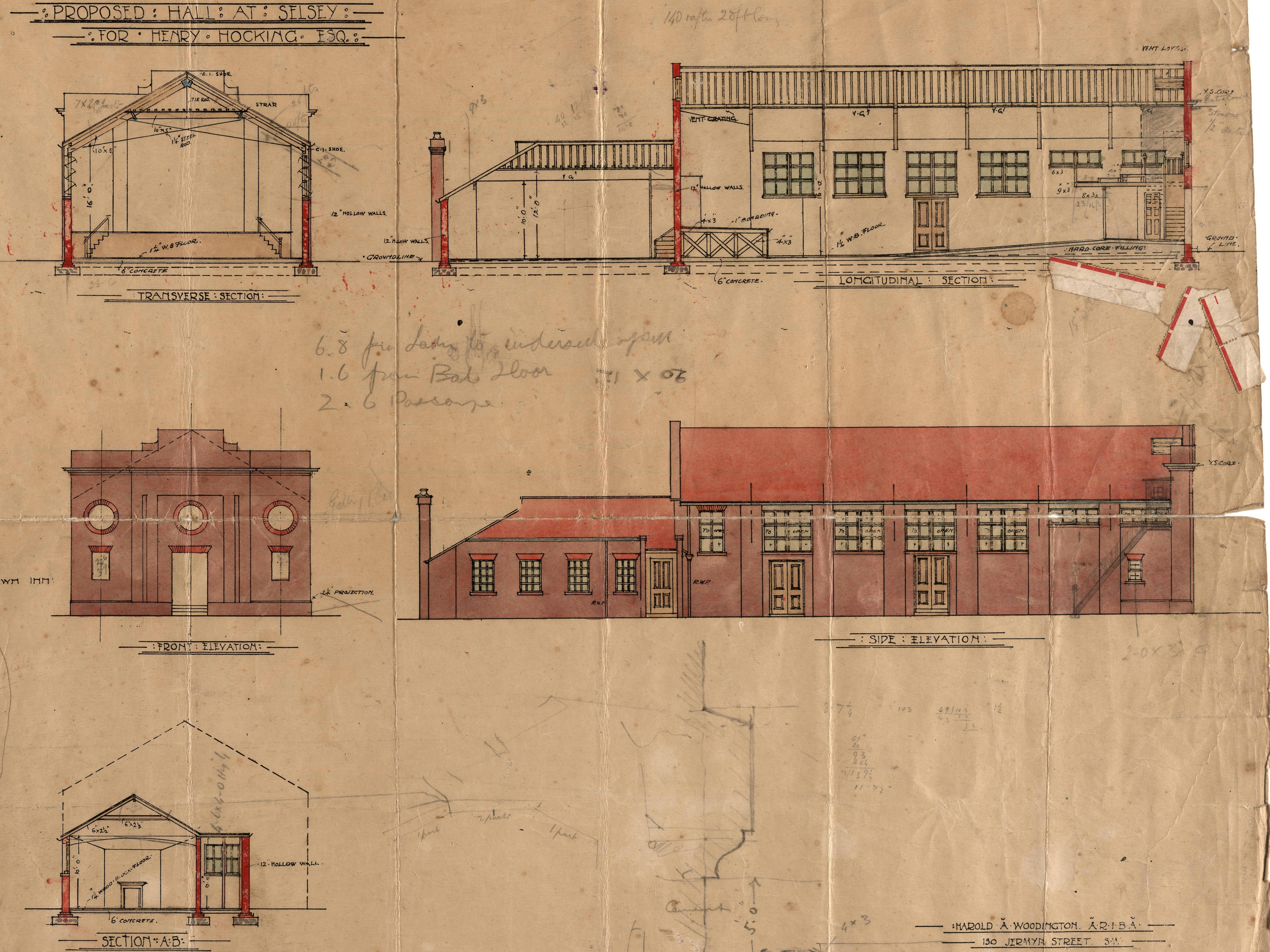 A scanned copy of the original architect's drawings for the Selsey Pavilion which includes side elevations and frontage design