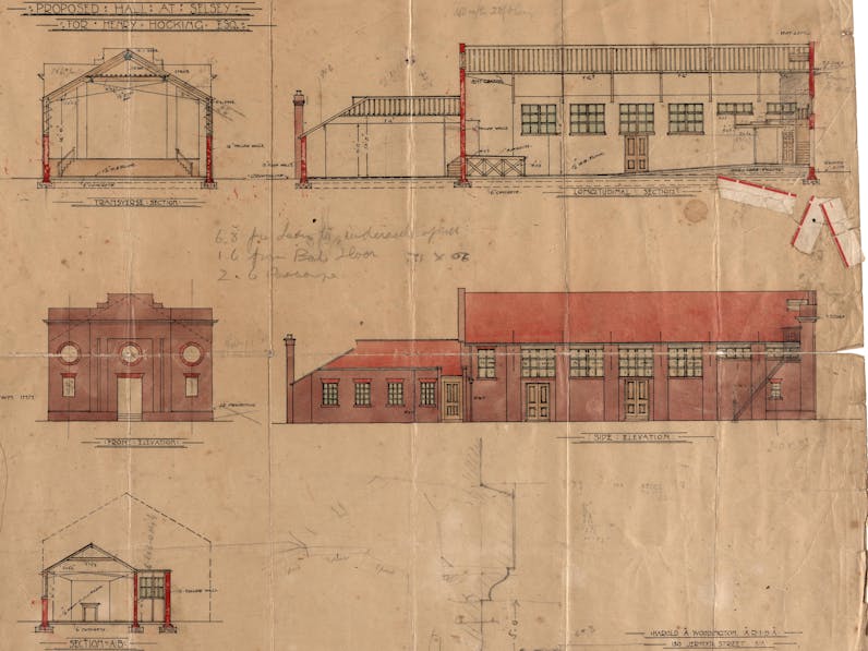 Original Building Plans for the Selsey Pavilion A scanned copy of the original architect's drawings for the Selsey Pavilion which includes side elevations and frontage design