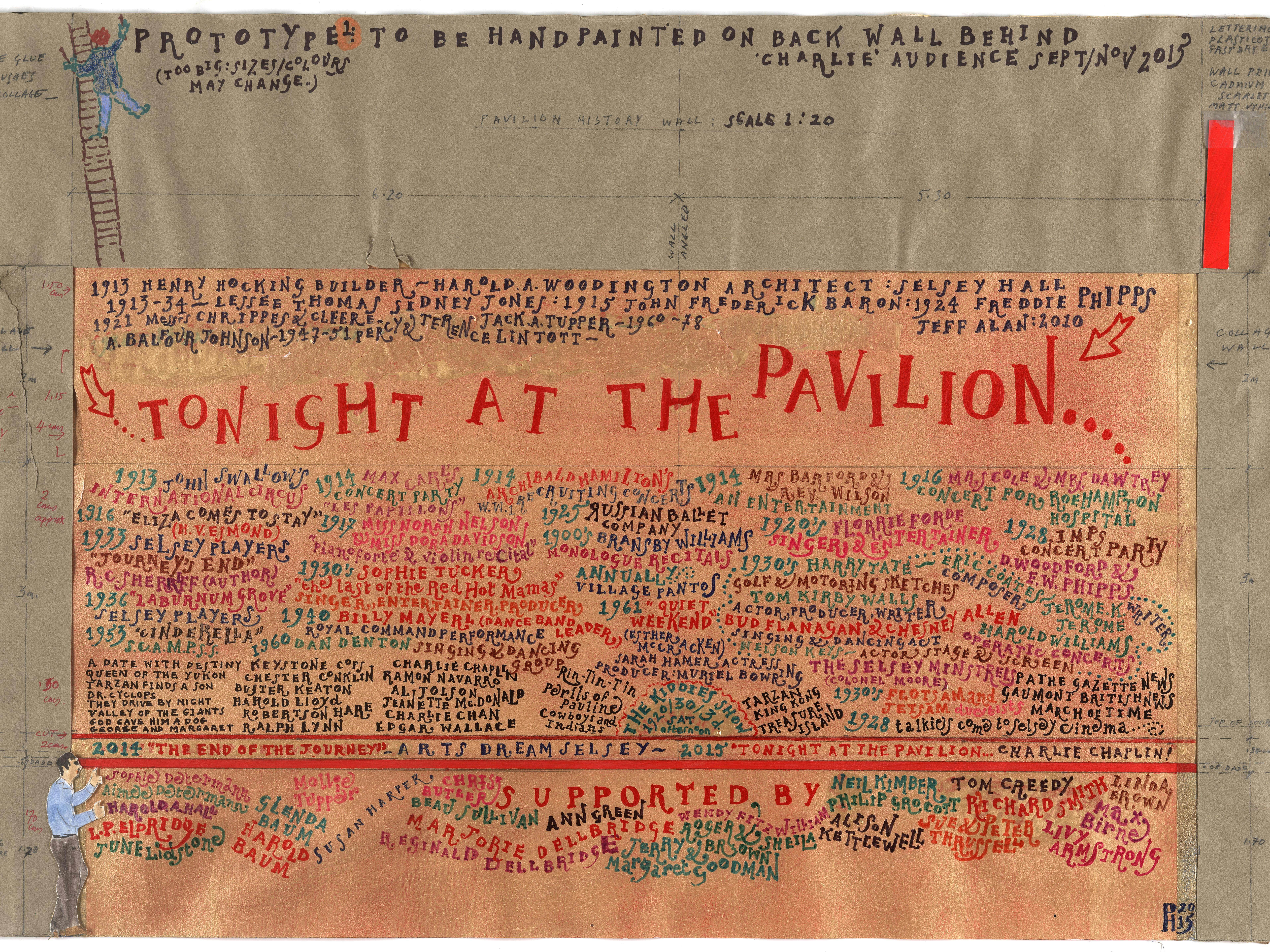 A scanned copy of Pamela Howard's prototype of a wall mural, it lists the names of those who have performed at the Selsey Pavilion