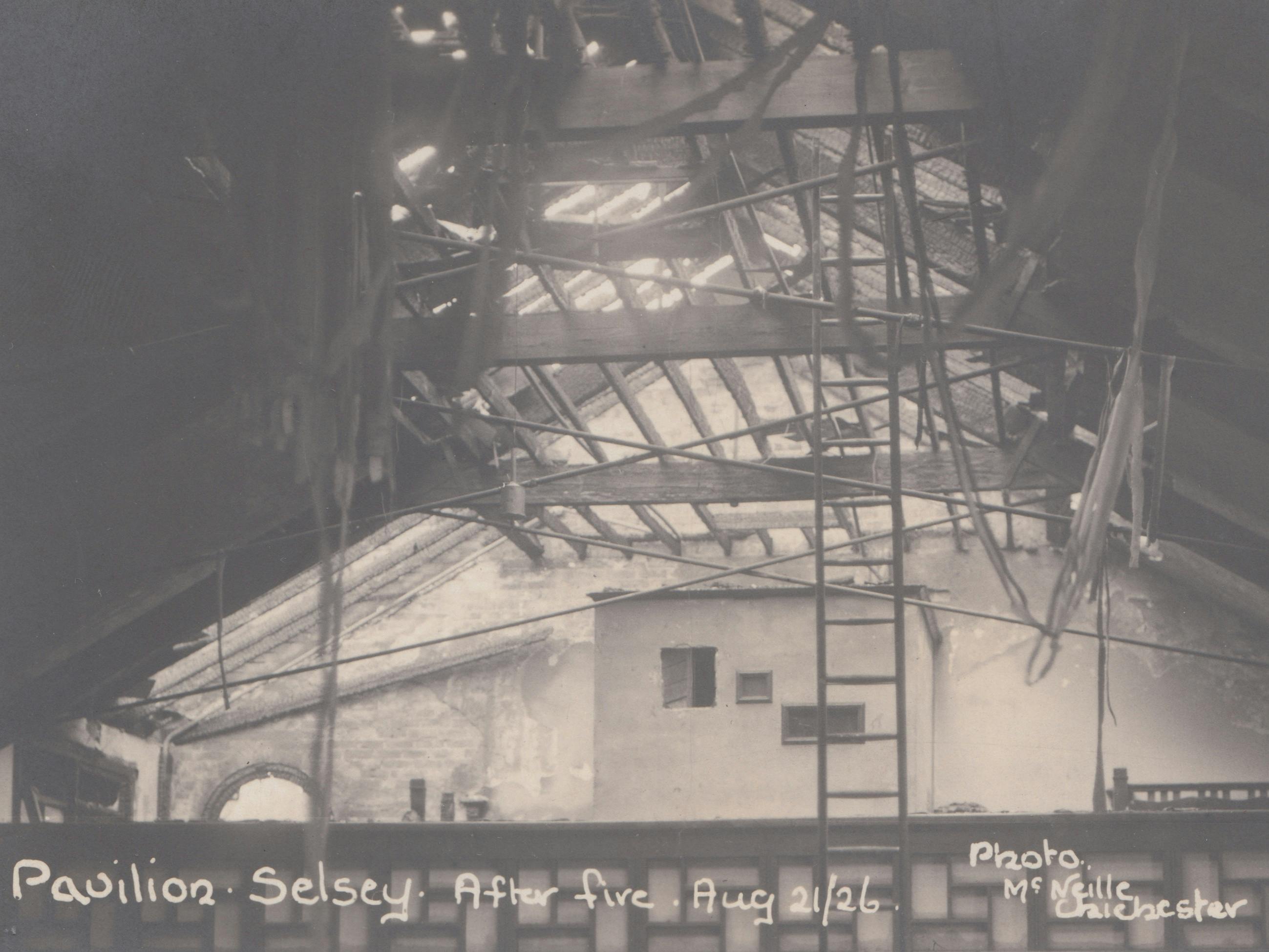 Image of the burnt out Pavilion following the fire in 1926 which includes the burnt out roof and rafters