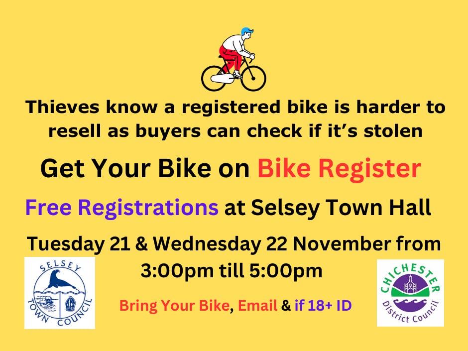 Poster advertising a bike registration event on 21 and 22 November 2023 from 3pm till 5pm at Selsey Town Hall