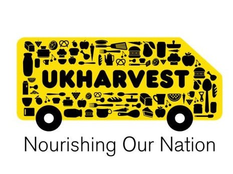 UK HARVEST logo with strapline 'Nourishing Our Nation' there is a van shaped truck with food and utensils