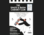 Selsey Music Group's Poster for The Shade & Baum Cabaret Club with cartoon pianist and keyboard with two music notes on either side and text  stating the details of the event