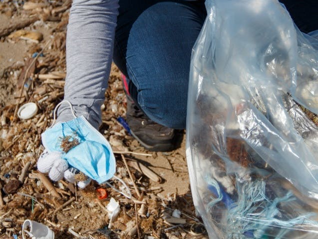 close up photograph of a person picking up disgarded rubbish on a beach and putting in plastic rubbish bag