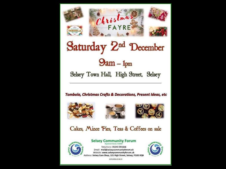 Selsey Community Forum Christmas Fayre Poster with cakes, drinks and mince pies promoting Selsey Community Forum's Christmas Fayre