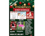 Poster for the christmas event on High Street advertising Christmas parade, magic show, santa grotto, Aimee singing and donkeys