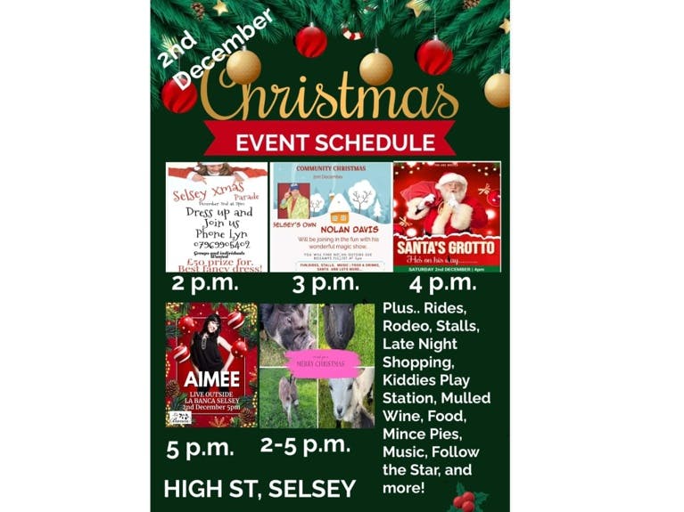 Poster for the christmas event on High Street advertising Christmas parade, magic show, santa grotto, Aimee singing and donkeys