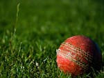 Photograph of a warn red cricket ball on grass