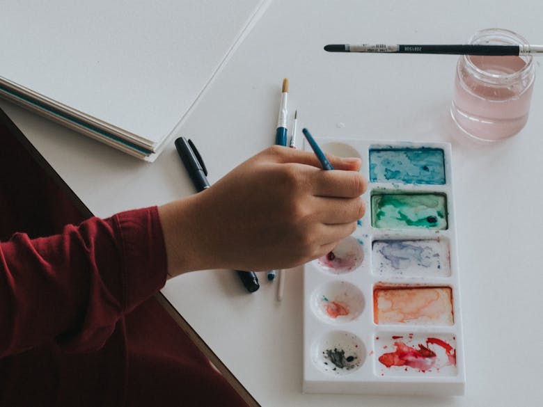 Watercolour painting courtesy of  Rifqi Ali Ridho on Unsplash Close up photograph of a waterpainter's hand and arm, pallate , pad and water colour paints