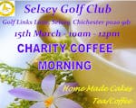 Poster advertising a charity coffee morning with a cup of tea and purple flower in the background