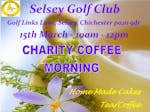 Poster advertising a charity coffee morning with a cup of tea and purple flower in the background