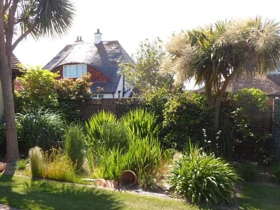 Photograph of one of the gardens in the Selsey Open Garden's event. The garden contains grasses and palms