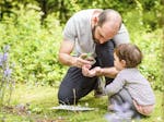 Photograph of a child with an adult looking at a bug box in a wood clearing
