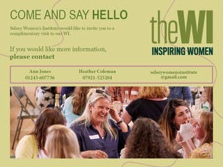 Advertisment for the WI Selsey inviting you to join the group and have your first session free of charge.  It includes and image of women talking and contact details