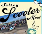 Promotional poster for the Selsey Scooter Meet with a photograph of the scooters at East Beach Car Park, Selsey