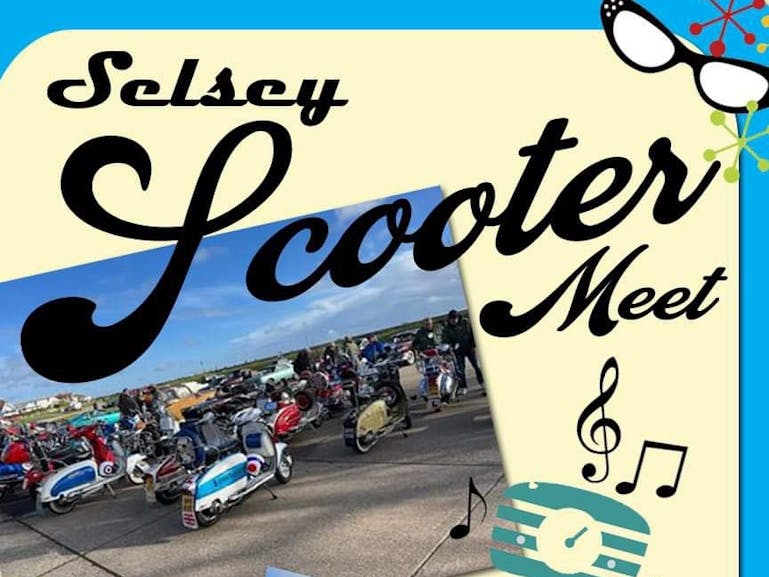 Selsey Scooter Meet courtesy of Tubbs Tubbs Promotional poster for the Selsey Scooter Meet with a photograph of the scooters at East Beach Car Park, Selsey