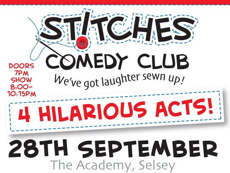 Stiches Comedy Club, 28 September at The Academy, Selsey Poster promoting Stitches Comedy Club