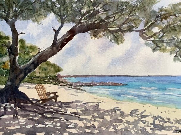 Watercolour of a wooden chair under a tree on a sandy beach by the waters edge