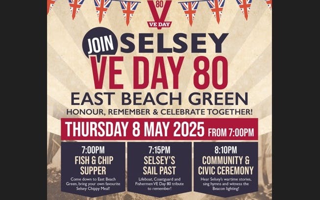 Poster advertising VE Day at East Beach Green