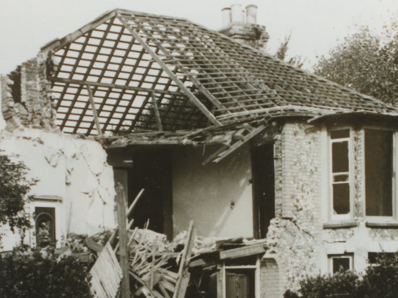 First house to be bombed in Selsey, 14 September 1940 in Hillfield Road courtesy of Selsey Photo Archive Photograph of First house to be bombed in Selsey, 14 September 1940 in Hillfield Road