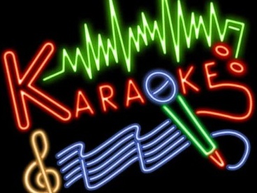 Image of neon colours spelling out karaoke wih music notes and squiggles indicating sound