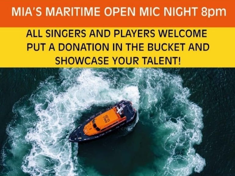 Mia's Maritime Open Mic Night courtesy of RNLI Selsey Clipping from the Lifeboat magazine stating Mia's Maritine Open Mic Night at 8pm