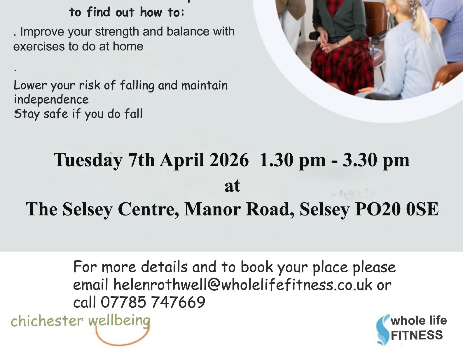 Free Falls Prevention Workshop courtesy of Chichester Wellbeing and Whole Life Fitness at the Selsey Centre on Tuesday 7th April 2026 from 2pm - 4pm