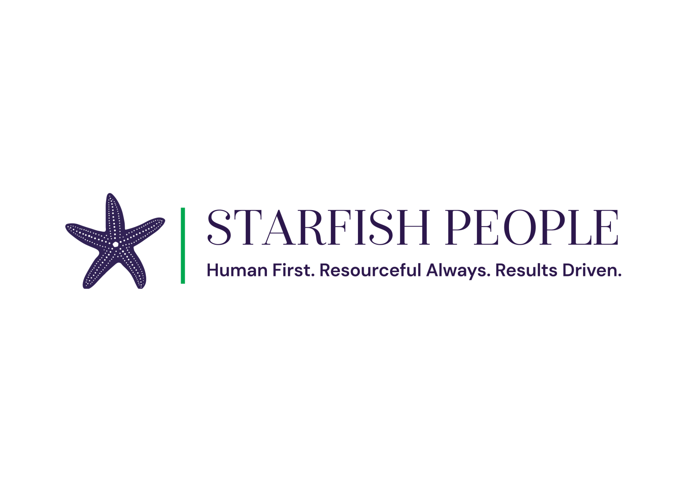 Starfish People Logo made up of a purple starfish, green line and the words 'Starfish People, Human First, Resourceful Always, Results Driven' in purple on a clear background.