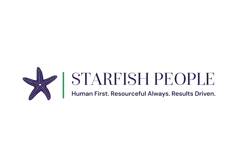 Starfish People Logo Starfish People Logo made up of a purple starfish, green line and the words 'Starfish People, Human First, Resourceful Always, Results Driven' in purple on a clear background.