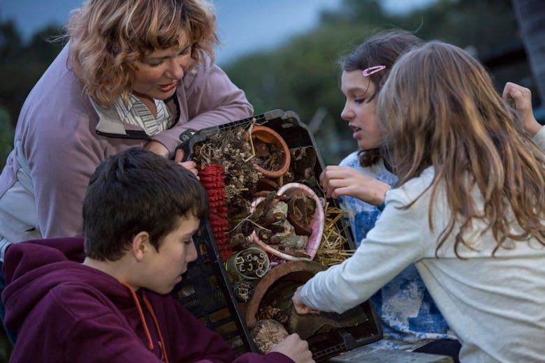 RSPB Bug Hotel Three children and one adult making a bug hotel inside a crate with stick, tubes and other natural materials.