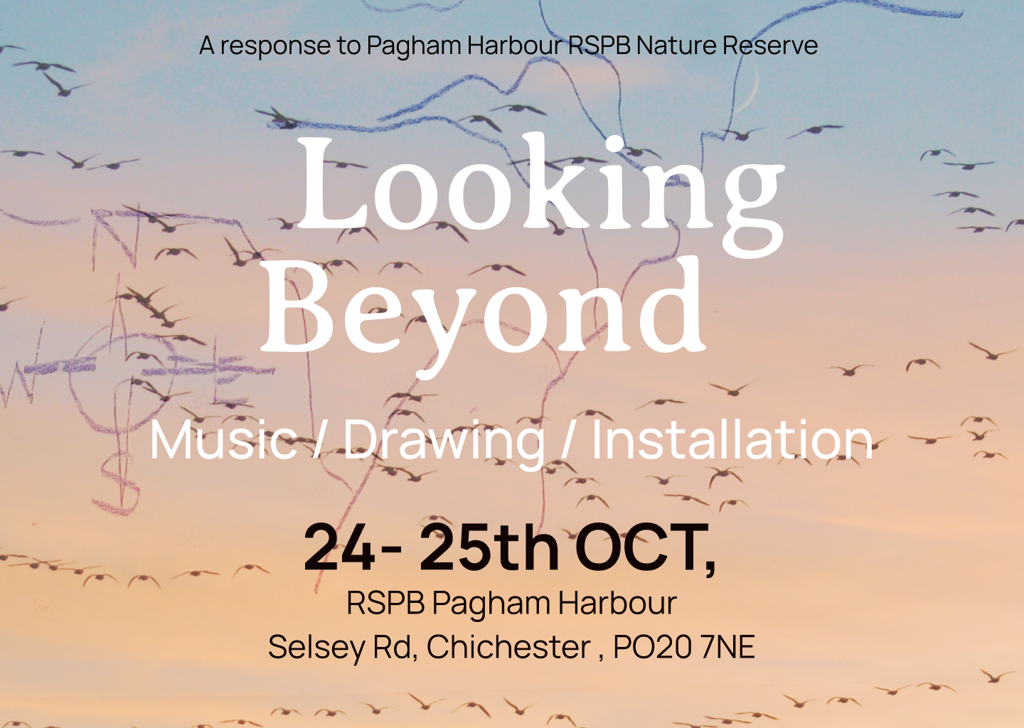 Poster with a background of migrating birds in the sunset. The words say: A response to Pagham Harbour RSPB Nature Reserve, Looking Beyond, music/ drawing / installation,  24th - 25th Oct, RSPB Pagham Harbour, Selsey rd, Chichester, PO20 7NE