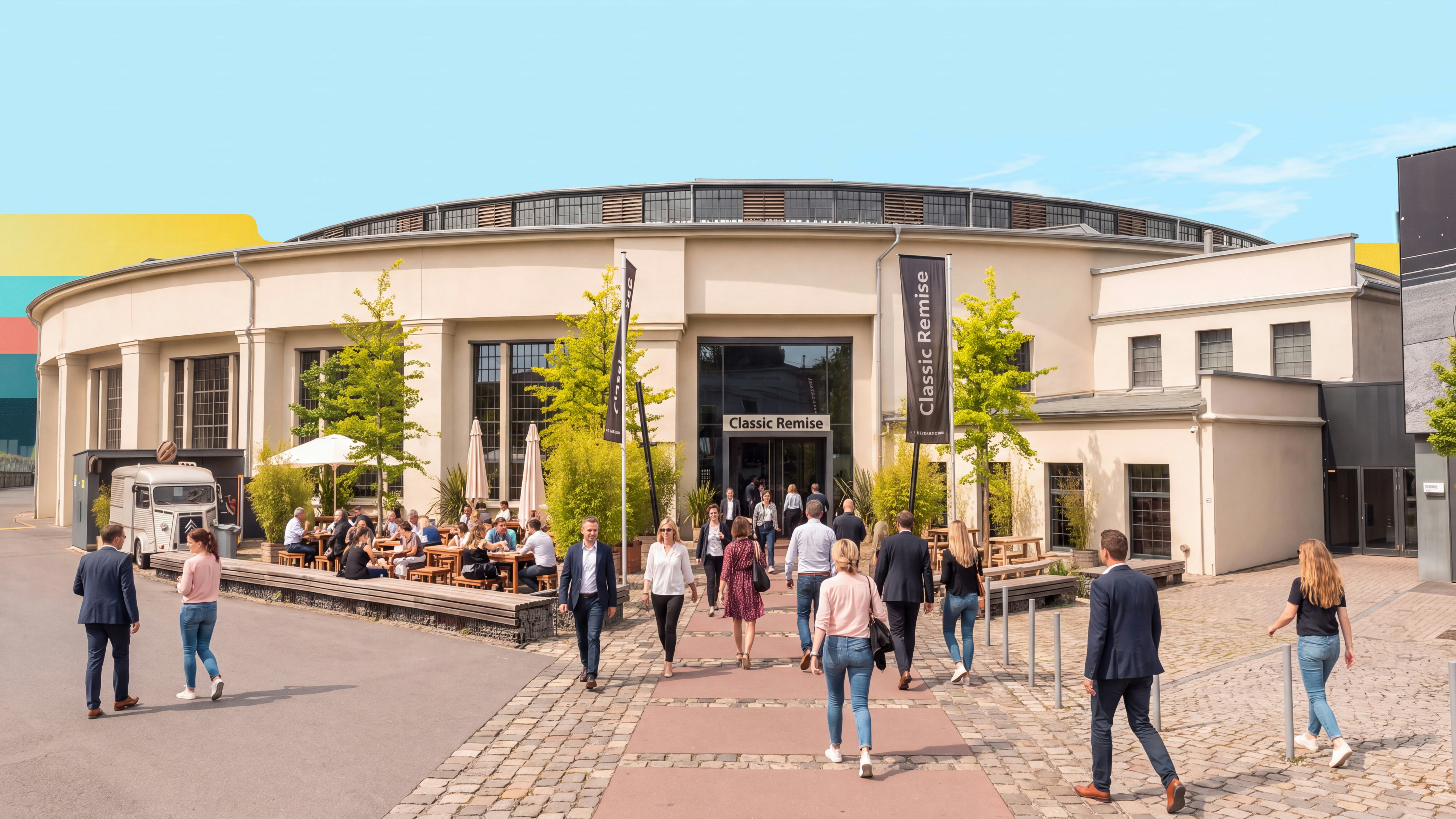 Remise Düsseldorf mit Menschen die hineingehen