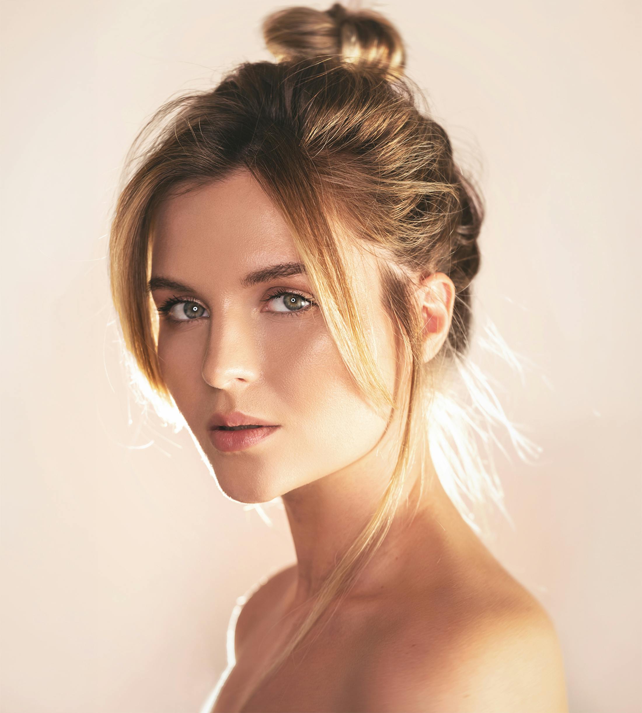 model posing with serious look