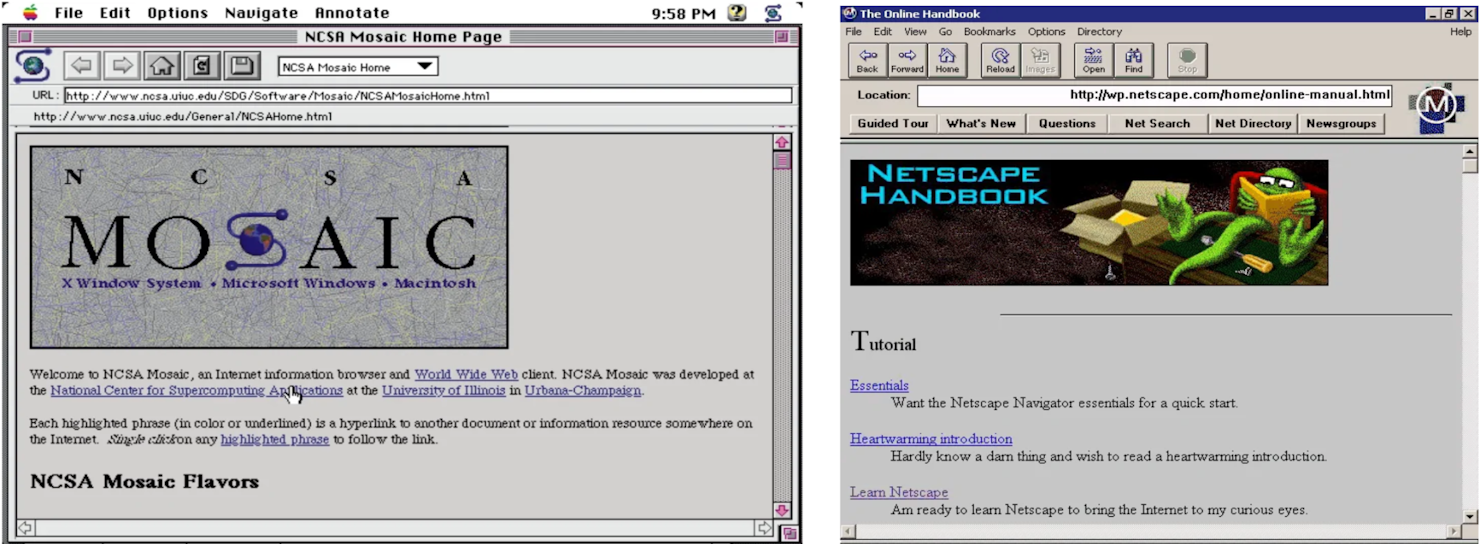Screenshots of NCSA Mosaic and Netscape 0.9 Beta
