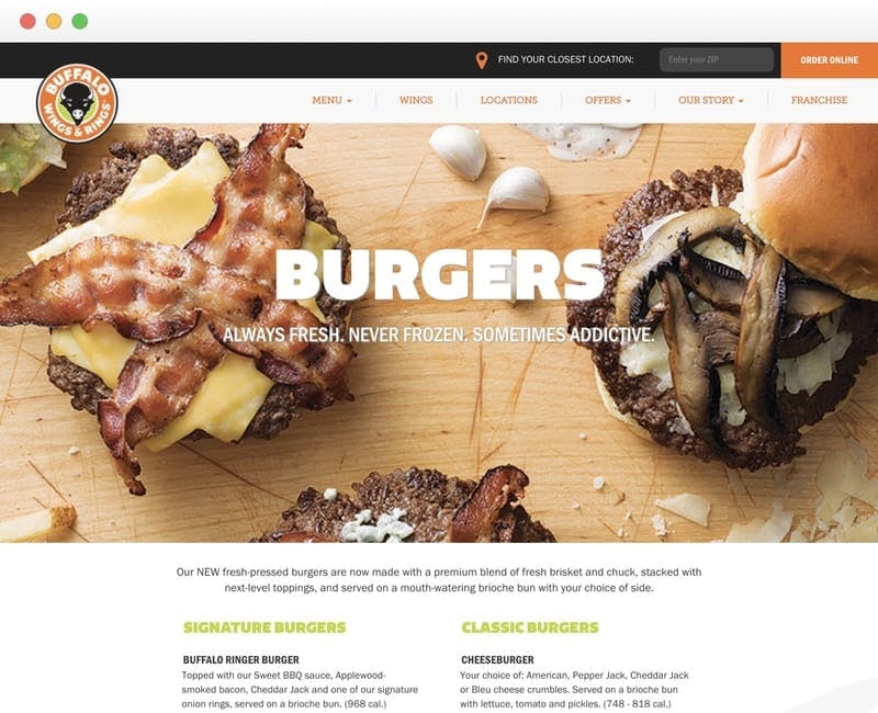 Burgers menu page for Buffalo Wings & Rings
