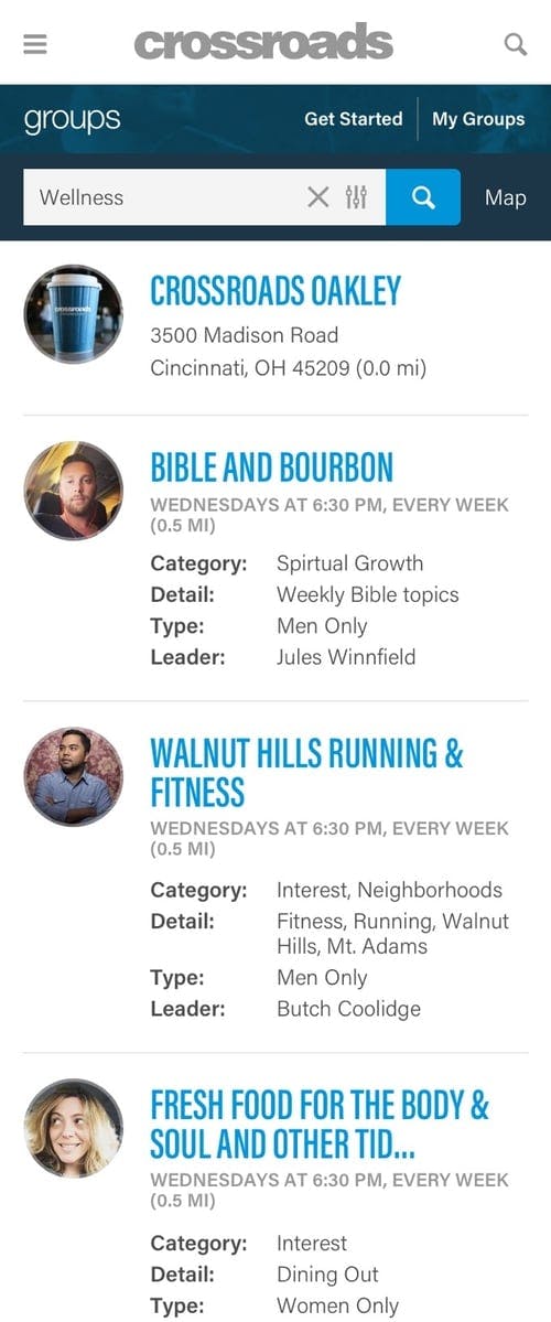 Crossroads Finder - Groups list view