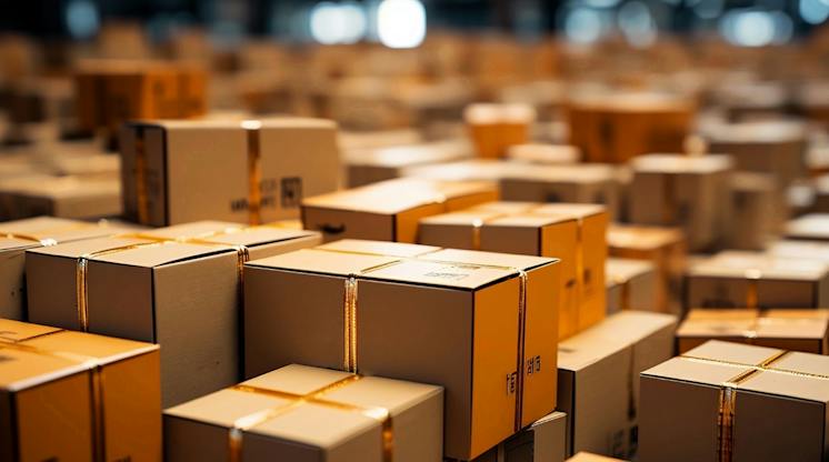 Stacks of taped cardboard moving boxes filling a warehouse