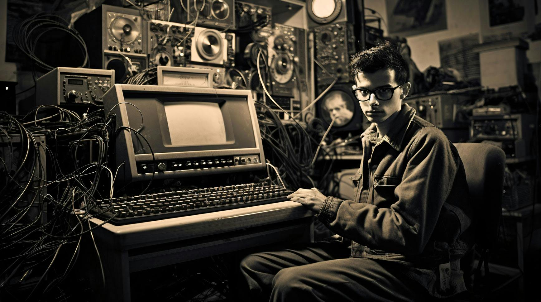 Sepia photo of a young man in glasses seated at a vintage computer terminal surrounded by tangled cables and electronics