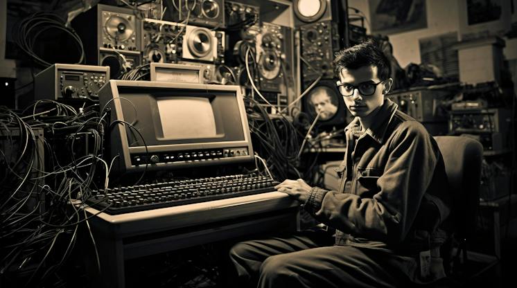 Sepia photo of a young man in glasses seated at a vintage computer terminal surrounded by tangled cables and electronics