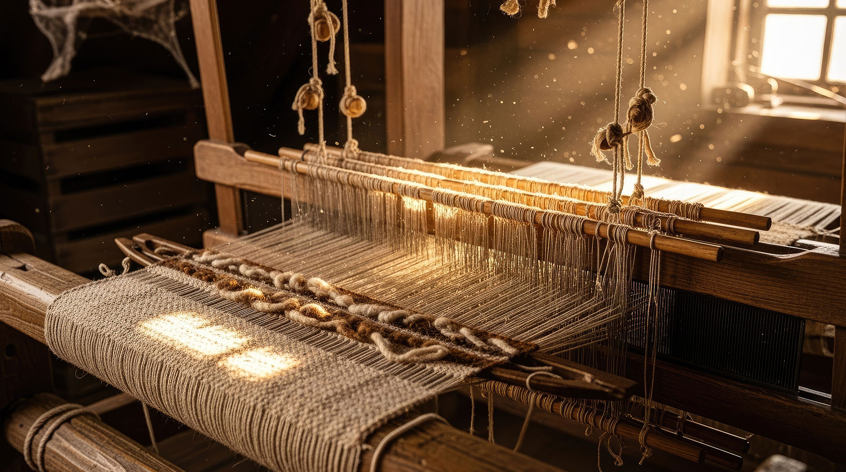 Wooden weaving loom with threads stretched across the frame in warm window light