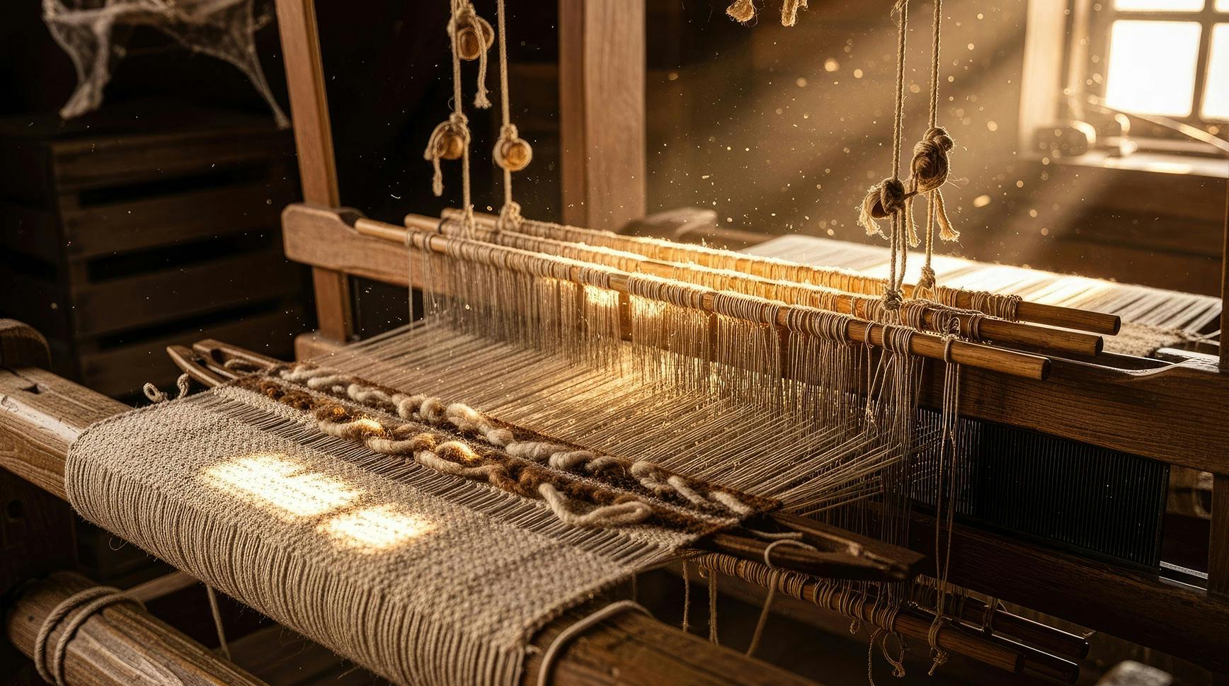 Wooden weaving loom with threads stretched across the frame in warm window light
