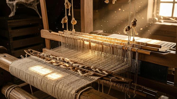 Wooden weaving loom with threads stretched across the frame in warm window light