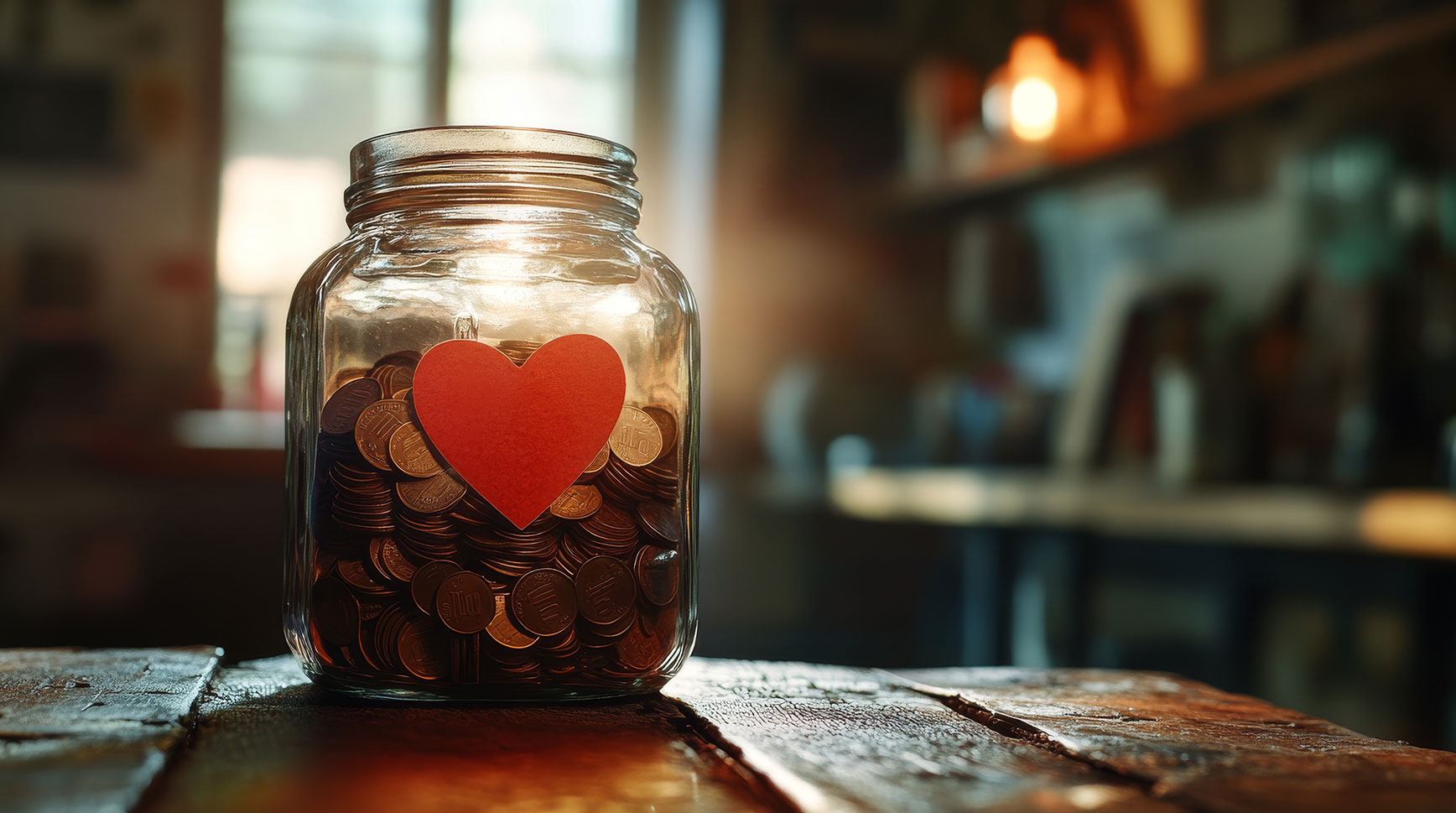 Glass jar full of coins with a red paper heart on the front, sitting on a wooden table