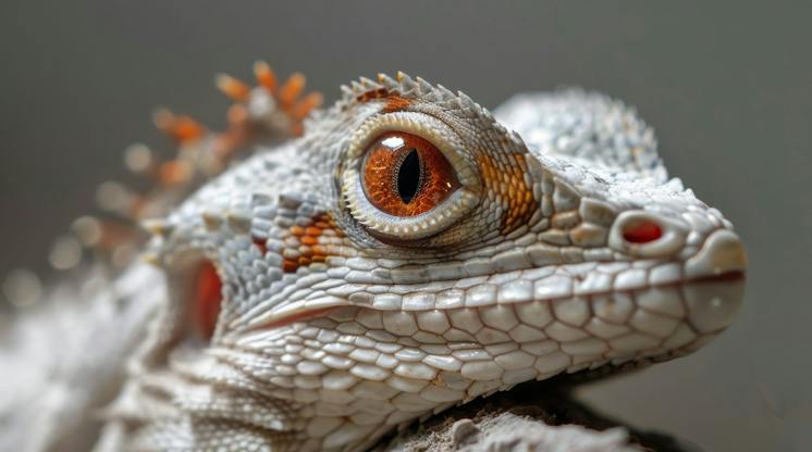Close-up of a pale white lizard with orange eyes and orange-tipped spines