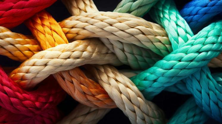 Close-up of multicoloured braided ropes woven tightly together