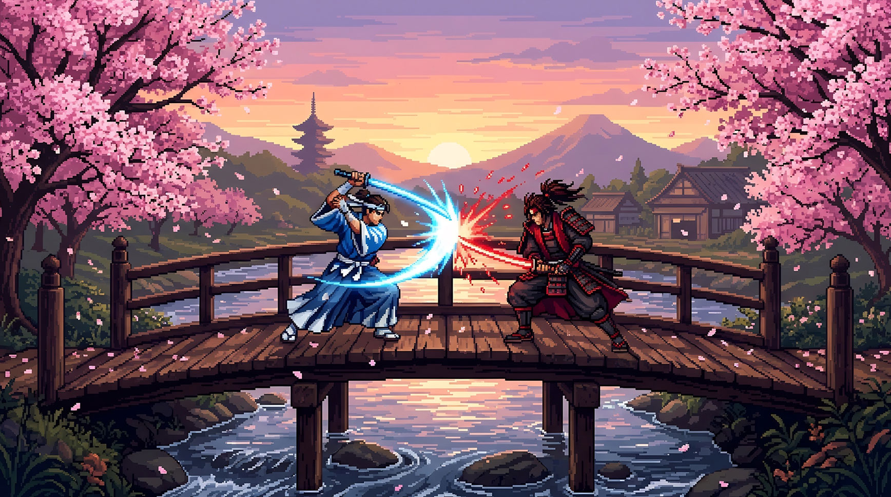 Pixel-art scene of two samurai clashing swords on a wooden bridge beneath cherry blossoms at sunset
